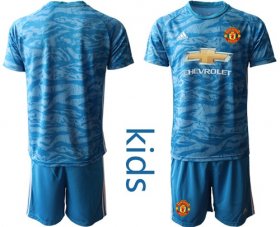Wholesale Cheap Manchester United Blank Light Blue Goalkeeper Kid Soccer Club Jersey