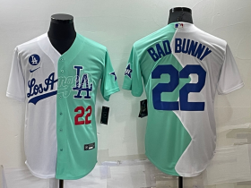 Wholesale Men\'s Los Angeles Dodgers #22 Bad Bunny White Green Number 2022 Celebrity Softball Game Cool Base Jersey
