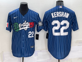 Wholesale Cheap Mens Los Angeles Dodgers #22 Clayton Kershaw Number Navy Blue Pinstripe 2020 World Series Cool Base Nike Jersey