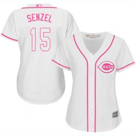 Wholesale Cheap Reds #15 Nick Senzel White/Pink Fashion Women\'s Stitched MLB Jersey
