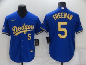 Wholesale Cheap Men\'s Los Angeles Dodgers #5 Freddie Freeman Blue Gold Stitched MLB Cool Base Nike Fashion Jersey