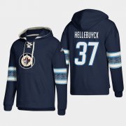 Wholesale Cheap Winnipeg Jets #37 Connor Hellebuyck Blue adidas Lace-Up Pullover Hoodie
