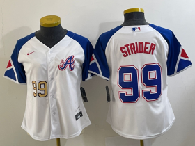 Wholesale Cheap Women\'s Atlanta Braves #99 Spencer Strider Number White 2023 City Connect Cool Base Stitched Jersey
