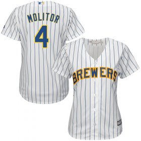Wholesale Cheap Brewers #4 Paul Molitor White Strip Home Women\'s Stitched MLB Jersey