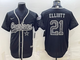 Wholesale Cheap Men\'s Dallas Cowboys #21 Ezekiel Elliott Black Reflective With Patch Cool Base Stitched Baseball Jersey