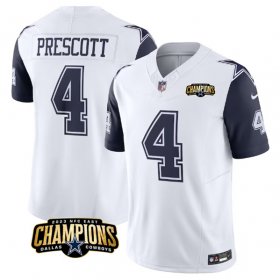 Cheap Men\'s Dallas Cowboys #4 Dak Prescott White Navy 2023 F.U.S.E. NFC East Champions Patch Football Stitched Jersey