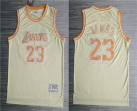 Wholesale Cheap Men\'s Los Angeles Lakers #23 LeBron James Gold Hardwood Classics Soul Throwback Limited Jersey