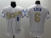 Wholesale Cheap Royals #6 Lorenzo Cain White 2015 World Series Champions Gold Program FlexBase Authentic Stitched MLB Jersey
