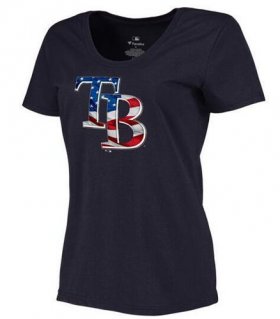 Wholesale Cheap Women\'s Tampa Bay Rays USA Flag Fashion T-Shirt Navy Blue