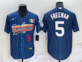 Wholesale Cheap Men\'s Los Angeles Dodgers #5 Freddie Freeman Number Rainbow Blue Red Pinstripe Mexico Cool Base Nike Jersey