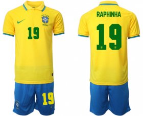 Cheap Men\'s Brazil #19 Raphinha Yellow Home Soccer Jersey Suit