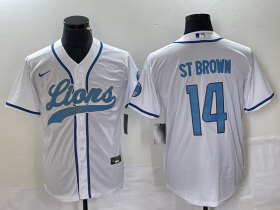 Wholesale Cheap Men\'s Detroit Lions #14 Amon Ra St Brown White With Patch Cool Base Stitched Baseball Jersey