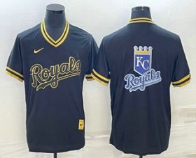 Cheap Men\'s Kansas City Royals Big Logo Black Gold Nike Cooperstown Legend V Neck Jerseys