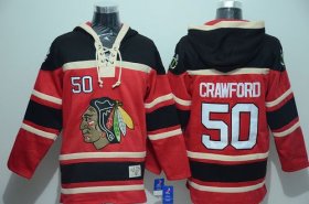 Wholesale Cheap Blackhawks #50 Corey Crawford Red Sawyer Hooded Sweatshirt Stitched NHL Jersey