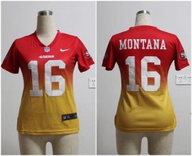 Wholesale Cheap Nike 49ers #16 Joe Montana Red/Gold Women\'s Stitched NFL Elite Fadeaway Fashion Jersey