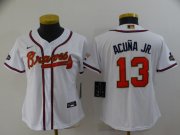 Wholesale Cheap Women's Atlanta Braves #13 Ronald Acuna Jr 2022 White Gold World Series Champions Program Cool Base Stitched Baseball Jersey