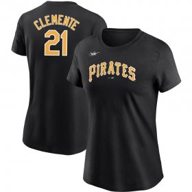 Wholesale Cheap Pittsburgh Pirates #21 Roberto Clemente Nike Women\'s Cooperstown Collection Name & Number T-Shirt Black