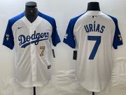 Cheap Mens Los Angeles Dodgers #7 Julio Urias Number White Blue Fashion Stitched Cool Base Limited Jersey