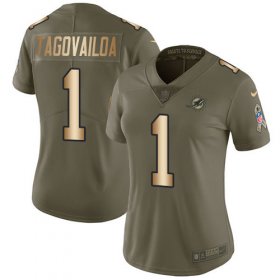 Wholesale Cheap Nike Dolphins #1 Tua Tagovailoa Olive/Gold Women\'s Stitched NFL Limited 2017 Salute To Service Jersey