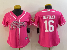Wholesale Cheap Women\'s San Francisco 49ers #16 Joe Montana Pink With Patch Cool Base Stitched Baseball Jersey