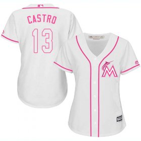 Wholesale Cheap Marlins #13 Starlin Castro White/Pink Fashion Women\'s Stitched MLB Jersey