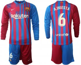 Wholesale Cheap Men 2021-2022 Club Barcelona home red blue Long Sleeve 6 Nike Soccer Jersey