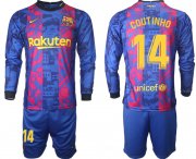 Wholesale Cheap Men 2021-2022 Club Barcelona Second away blue Long Sleeve 14 Soccer Jerseys