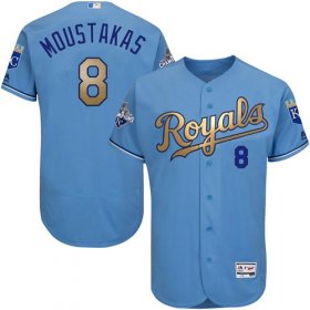 Wholesale Cheap Royals #8 Mike Moustakas Light Blue FlexBase Authentic 2015 World Series Champions Gold Program Stitched MLB Jersey