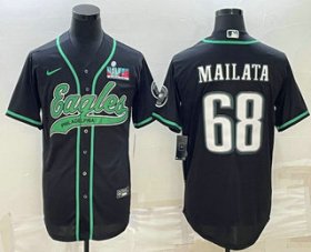 Cheap Men\'s Philadelphia Eagles #68 Jordan Mailata Black With Super Bowl LVII Patch Cool Base Stitched Baseball Jersey