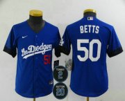 Wholesale Cheap Youth Los Angeles Dodgers #50 Mookie Betts Blue #2 #20 Patch City Connect Number Cool Base Stitched Jersey