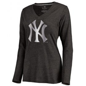 Wholesale Cheap Women\'s New York Yankees Platinum Collection Long Sleeve V-Neck Tri-Blend T-Shirt Black
