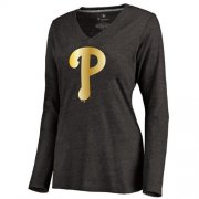Wholesale Cheap Women's Philadelphia Phillies Gold Collection Long Sleeve V-Neck Tri-Blend T-Shirt Black