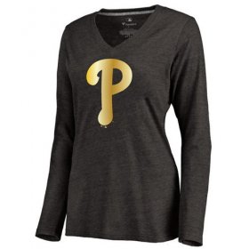 Wholesale Cheap Women\'s Philadelphia Phillies Gold Collection Long Sleeve V-Neck Tri-Blend T-Shirt Black