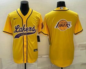 Cheap Men\'s Los Angeles Lakers Yellow Team Big Logo Cool Base Stitched Baseball Jersey