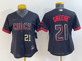 Wholesale Cheap Women\'s Cincinnati Reds #21 Hunter Greene Number Black 2023 City Connect Cool Base Stitched Jersey