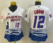 Cheap Women's Puerto Rico Baseball #12 Francisco Lindor Number 2023 White World Classic Stitched Jersey