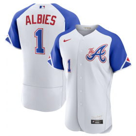 Cheap Men\'s Atlanta Braves #1 Ozzie Albies White 2023 City Connect Flex Base Stitched Jersey