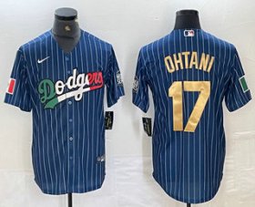Cheap Men\'s Los Angeles Dodgers #17 Shohei Ohtani Mexico Blue Gold Pinstripe Cool Base Stitched Jersey