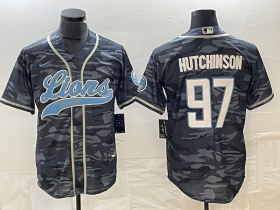 Men\'s Detroit Lions #97 Aidan Hutchinson Grey Camo With Patch Cool Base Stitched Baseball Jersey