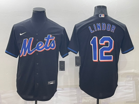 Wholesale Cheap Men\'s New York Mets #12 Francisco Lindor Black Stitched MLB Cool Base Nike Jersey