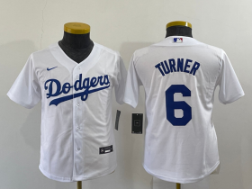 Wholesale Cheap Youth Los Angeles Dodgers #6 Trea Turner White Stitched MLB Cool Base Nike Jersey