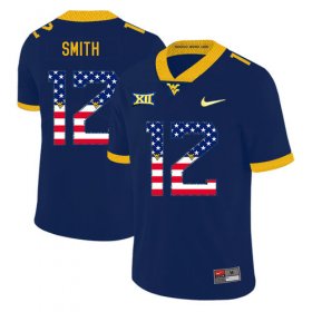 Wholesale Cheap West Virginia Mountaineers 12 Geno Smith Navy USA Flag College Football Jersey