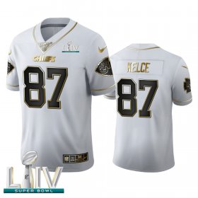 Wholesale Cheap Kansas City Chiefs #87 Travis Kelce Men\'s Nike White Golden Super Bowl LIV 2020 Edition Vapor Limited NFL 100 Jersey