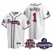 Wholesale Cheap Men's White Atlanta Braves #1 Ozzie Albies 2021 World Series Champions With 150th Anniversary Patch Cool Base Stitched Jersey