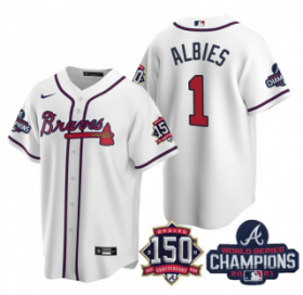 Wholesale Cheap Men\'s White Atlanta Braves #1 Ozzie Albies 2021 World Series Champions With 150th Anniversary Patch Cool Base Stitched Jersey