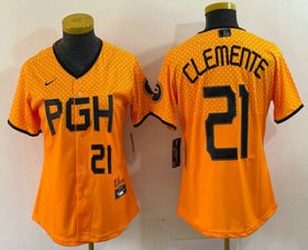 Wholesale Cheap Women\'s Pittsburgh Pirates #21 Roberto Clemente Number Yellow 2023 City Connect Stitched Jersey