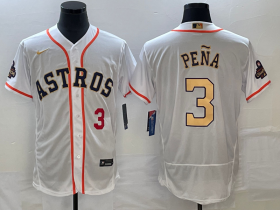 Wholesale Cheap Men\'s Houston Astros #3 Jeremy Pena Number 2023 White Gold World Serise Champions Patch Flex Base Stitched Jersey2