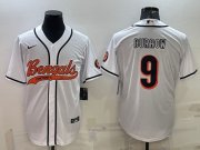 Wholesale Cheap Men's Cincinnati Bengals #9 Joe Burrow White With Patch Cool Base Stitched Baseball Jersey