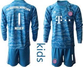Wholesale Cheap Bayern Munchen #1 Neuer Light Blue Goalkeeper Long Sleeves Kid Soccer Club Jersey