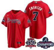 Wholesale Cheap Men's Red Atlanta Braves #7 Dansby Swanson 2021 World Series Champions With 150th Anniversary Patch Cool Base Stitched Jersey